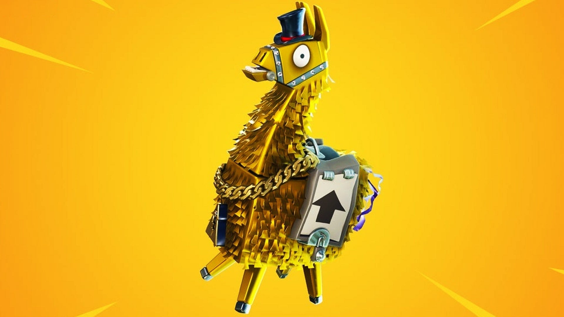 A Fortnite Llama appears in front of a gold background.