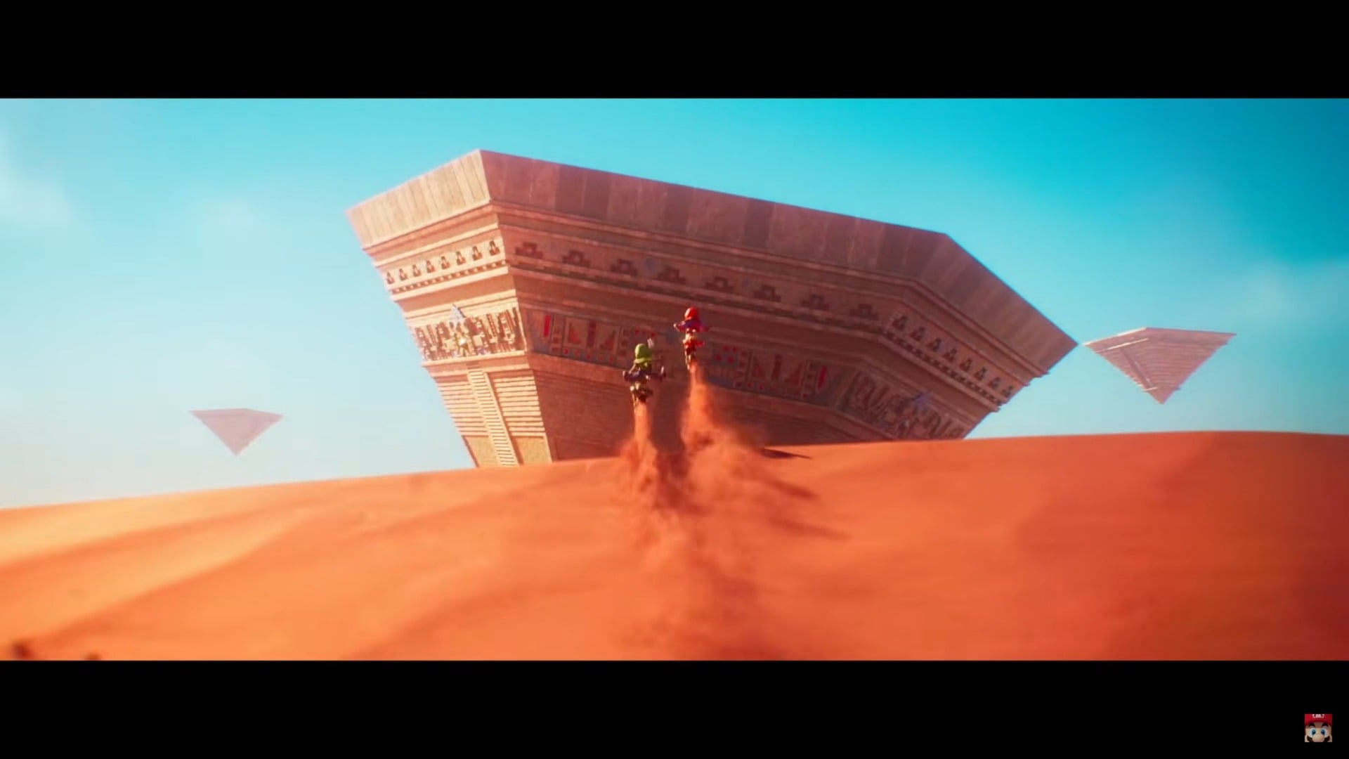 Mario and Luigi riding motorcycles in the desert.