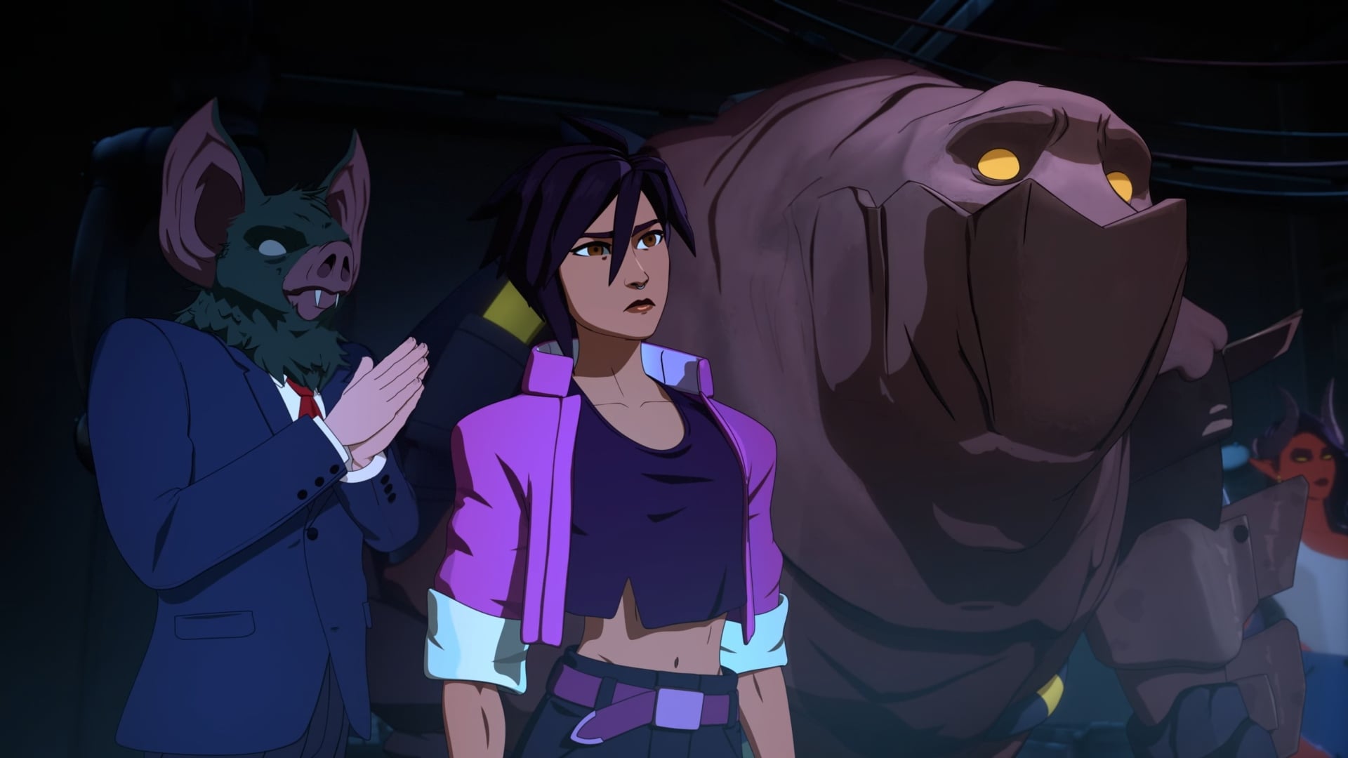 The members of Z-Team look at something off-screen.