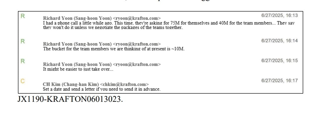 A screenshot shows conversations between executives at Krafton. 