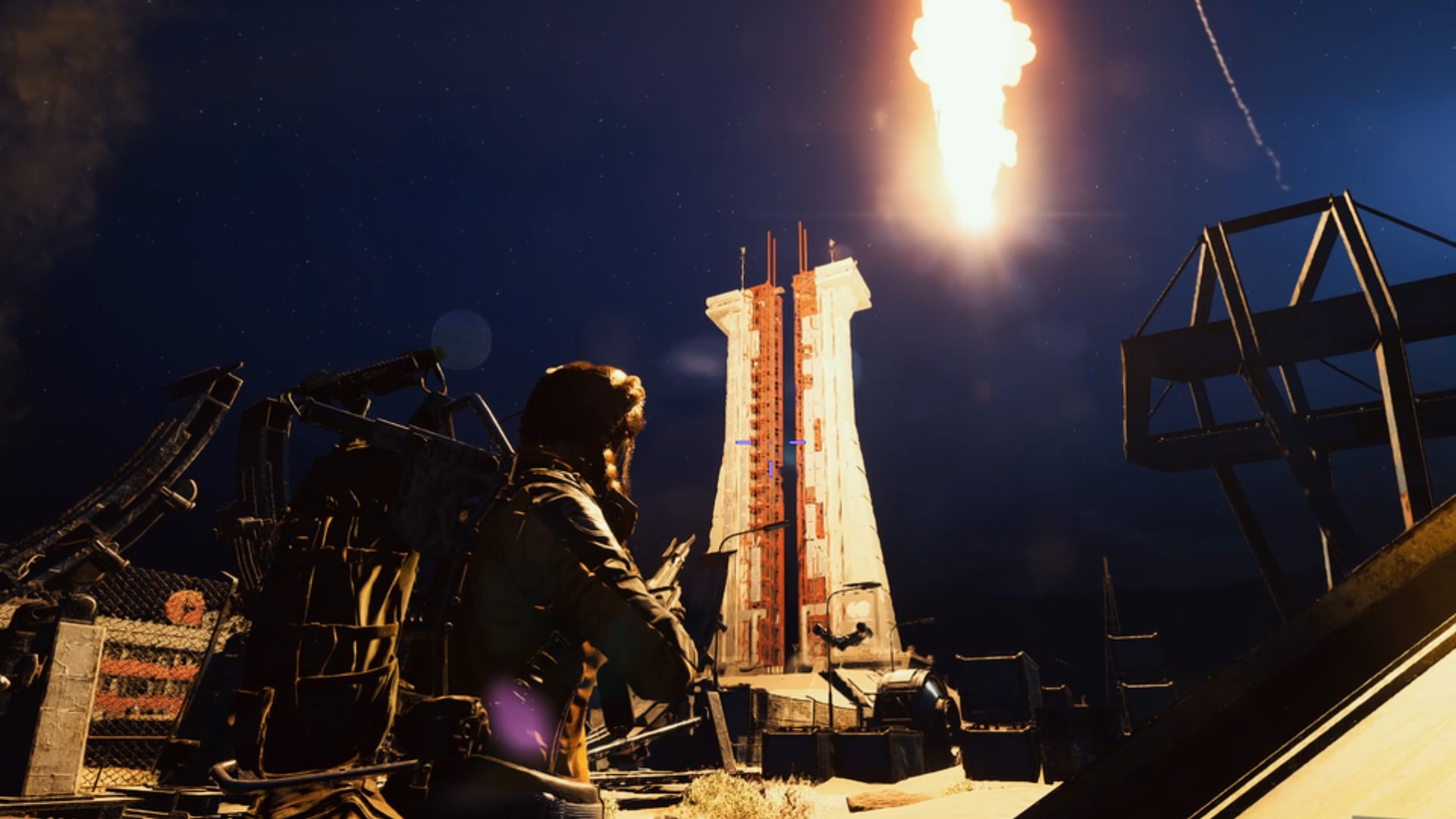 An explosive plummets to the ground while a player waits for the elevator.