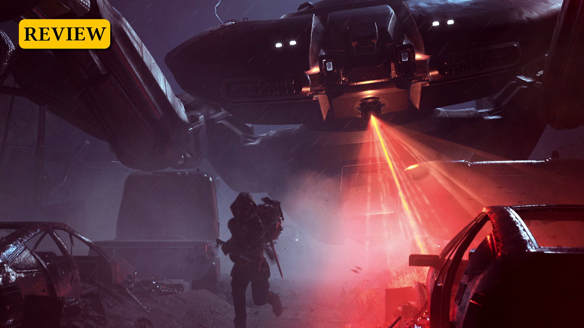 A Raider runs from a massive robot.