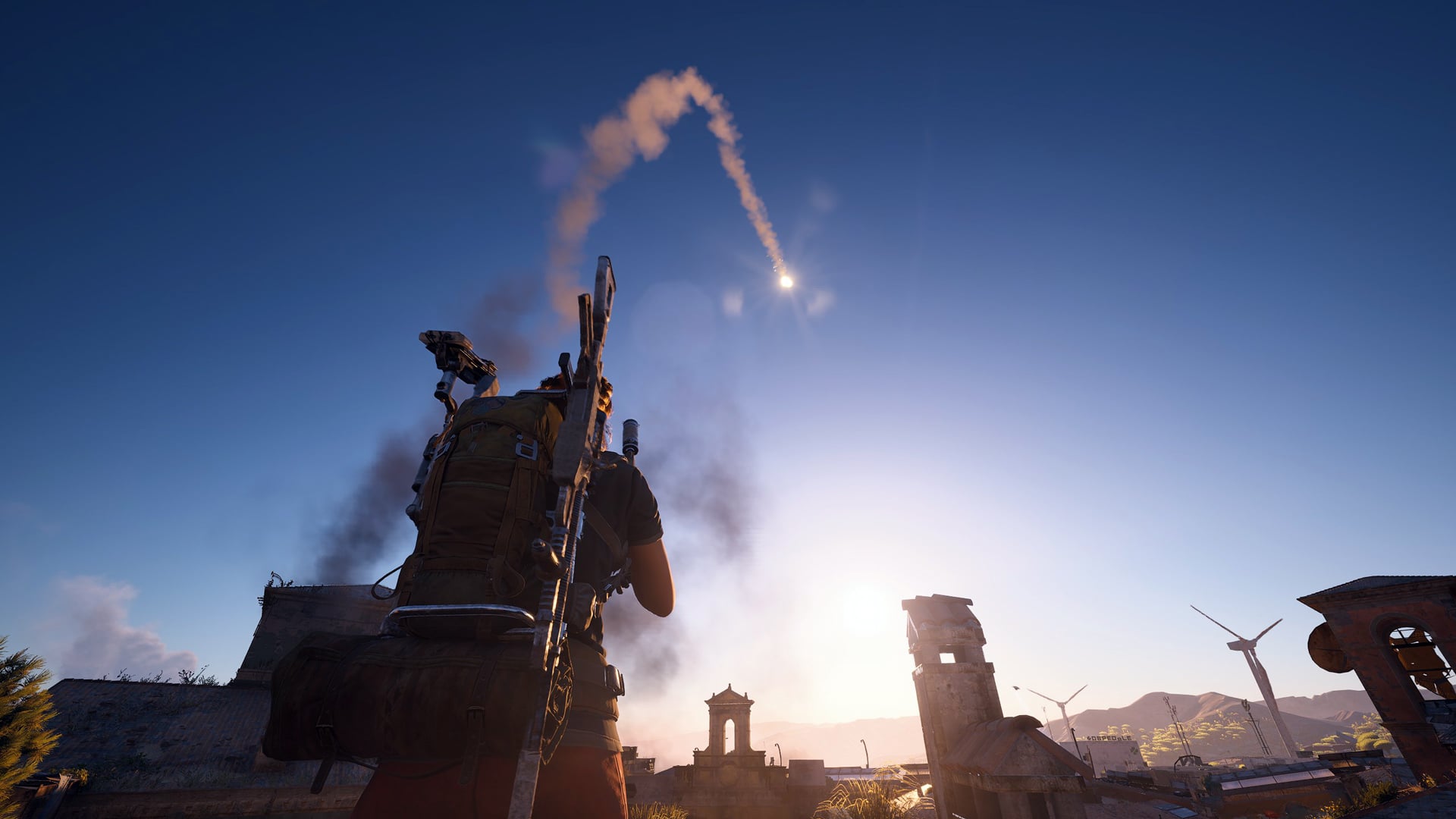 A Raider flair soars in the skies above the player.