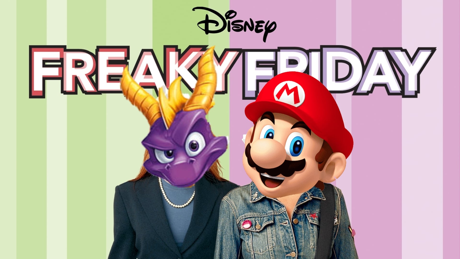 The Freaky Friday poster with Mario and Spyro's heads on the main characters.