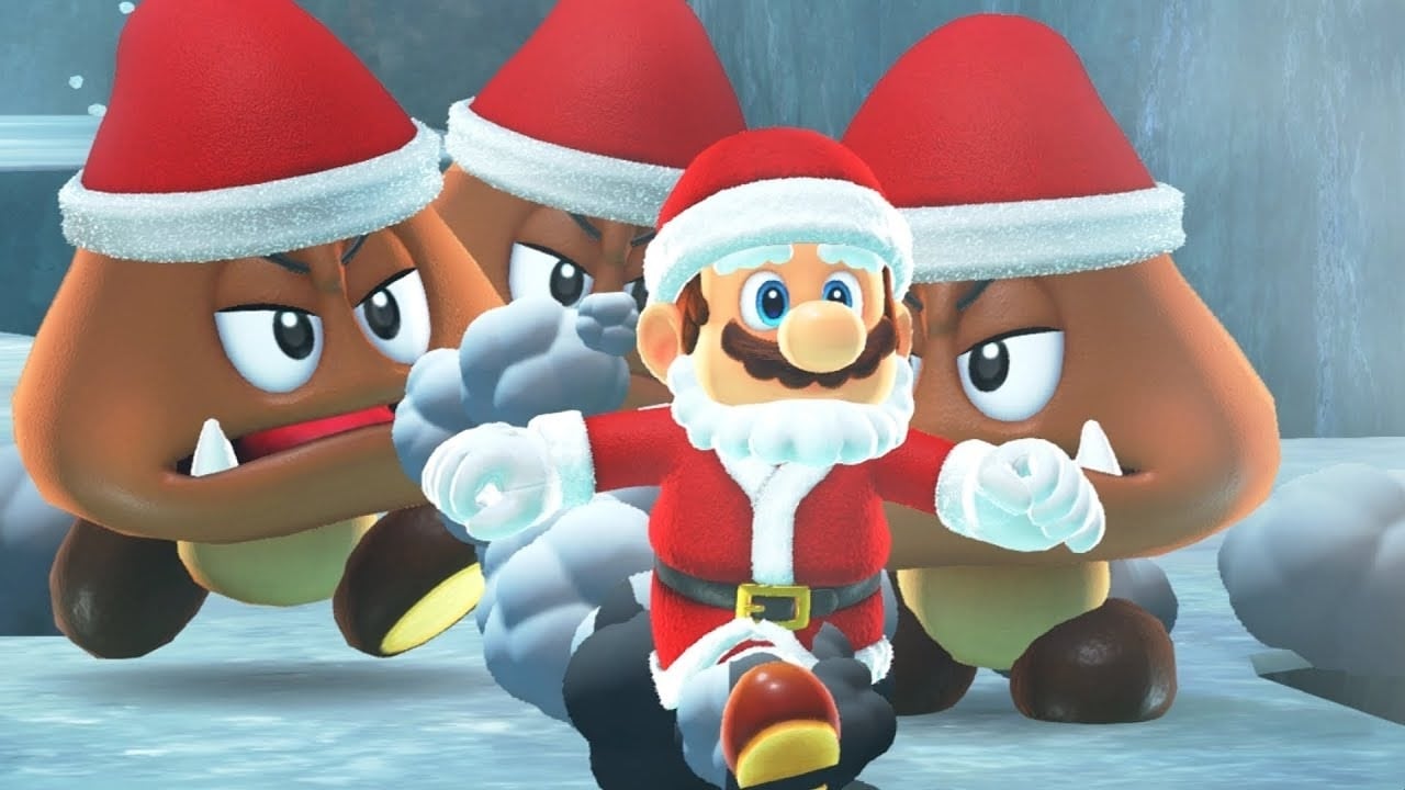 Mario runs from Goombas in a Santa costume