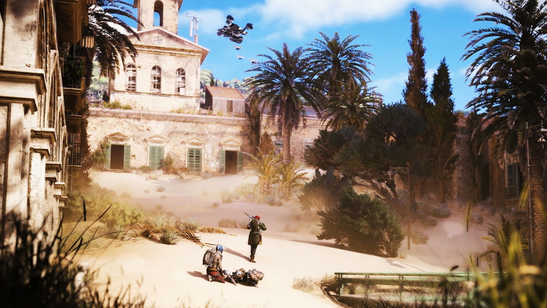 Raiders loot a fallen drone wall watching other drones in the sky.