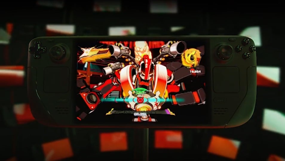 A Steam Deck appears in front of monitors.