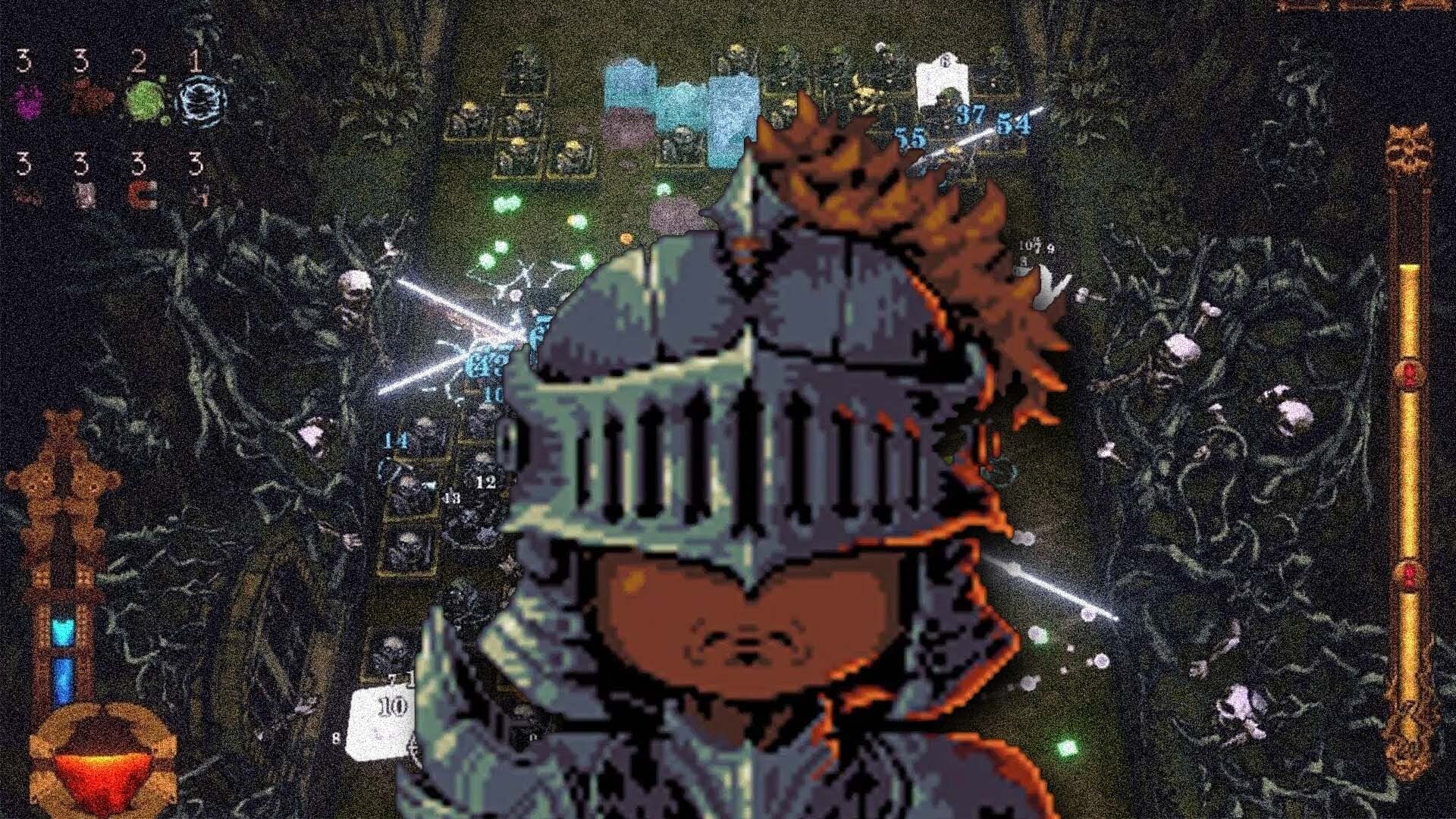 A small warrior stands in front of arcade chaos.