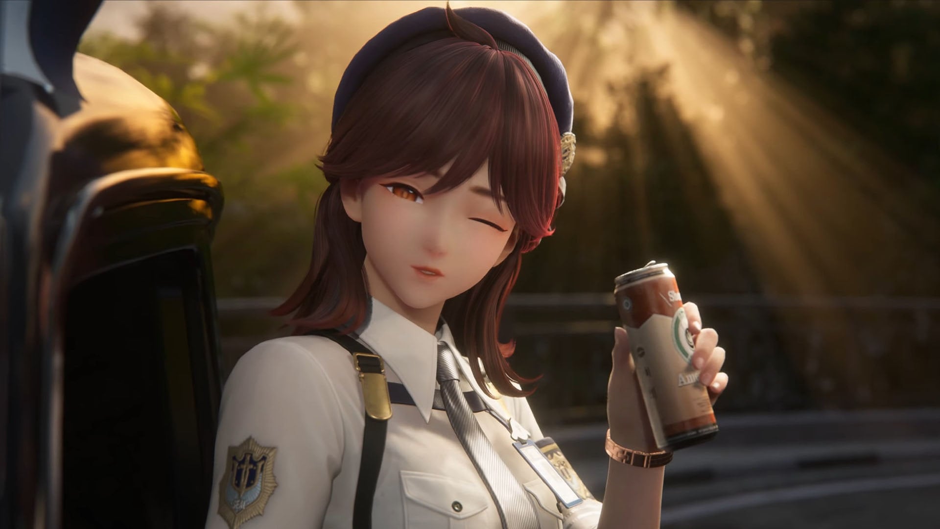 A woman drinks a coffee.