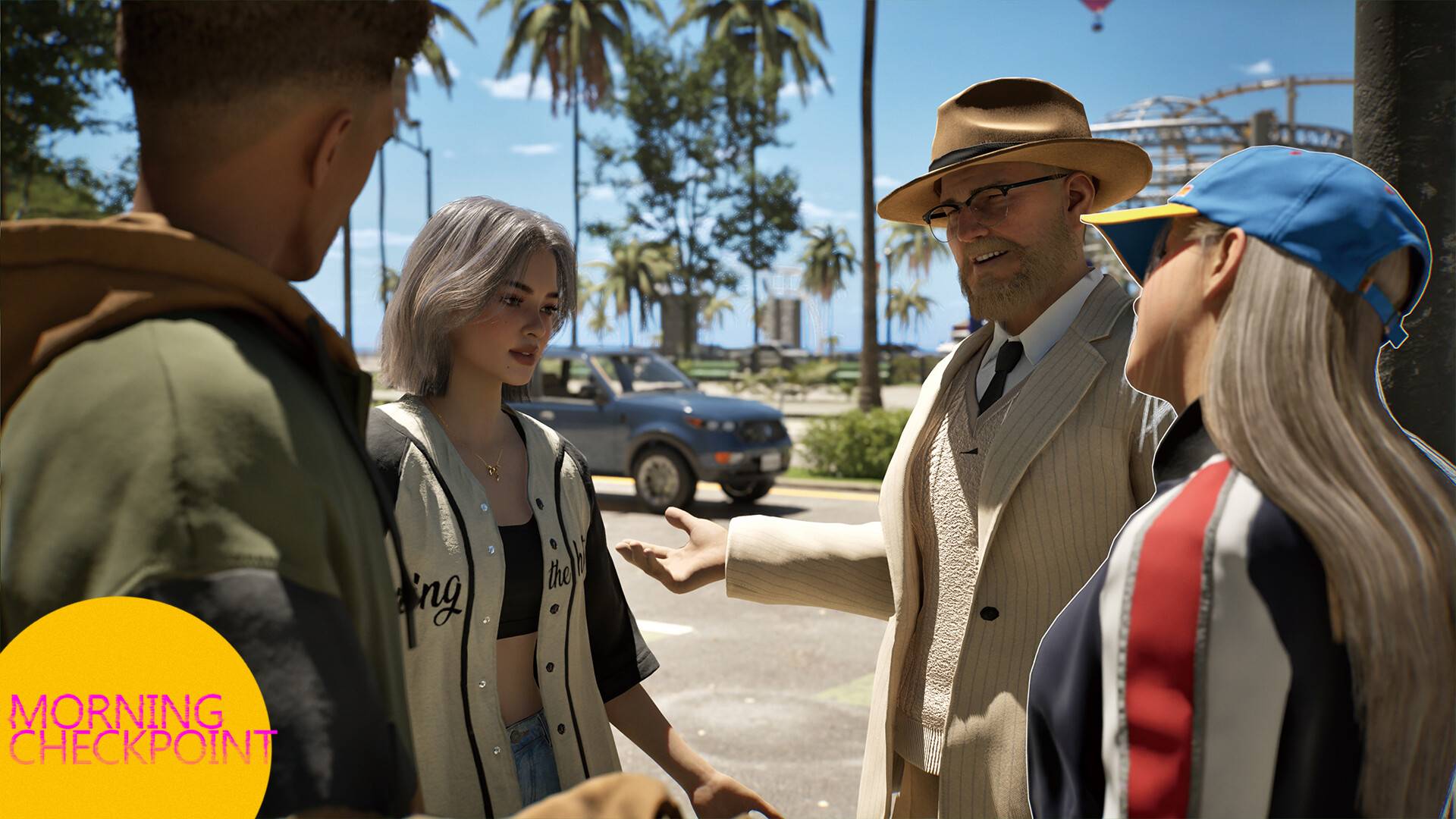 A guy in a suit talks to some kids.