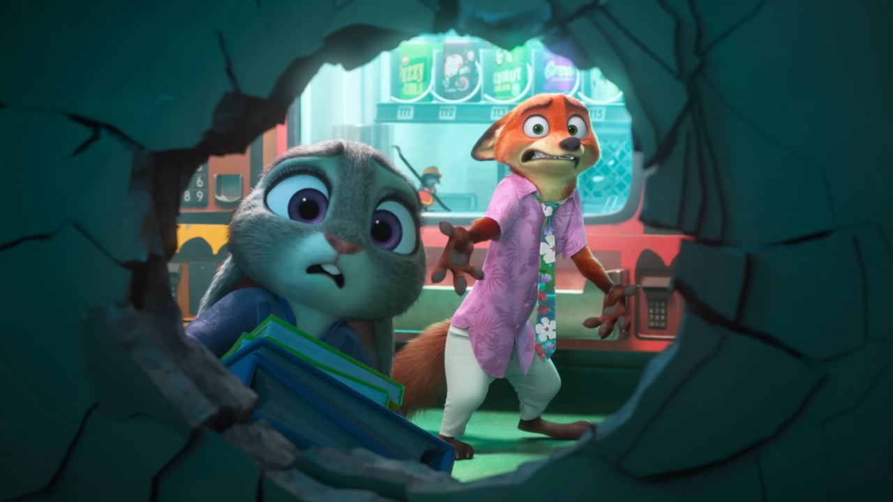 Judy and Nick looking through a busted hole with great concern.