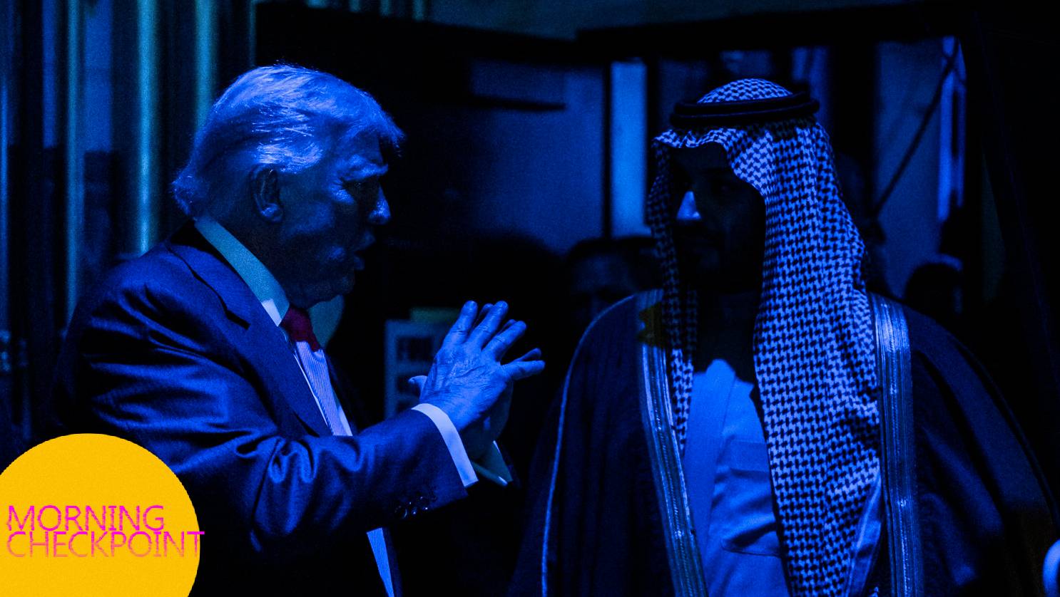 Trump talks to MBS under blue light.