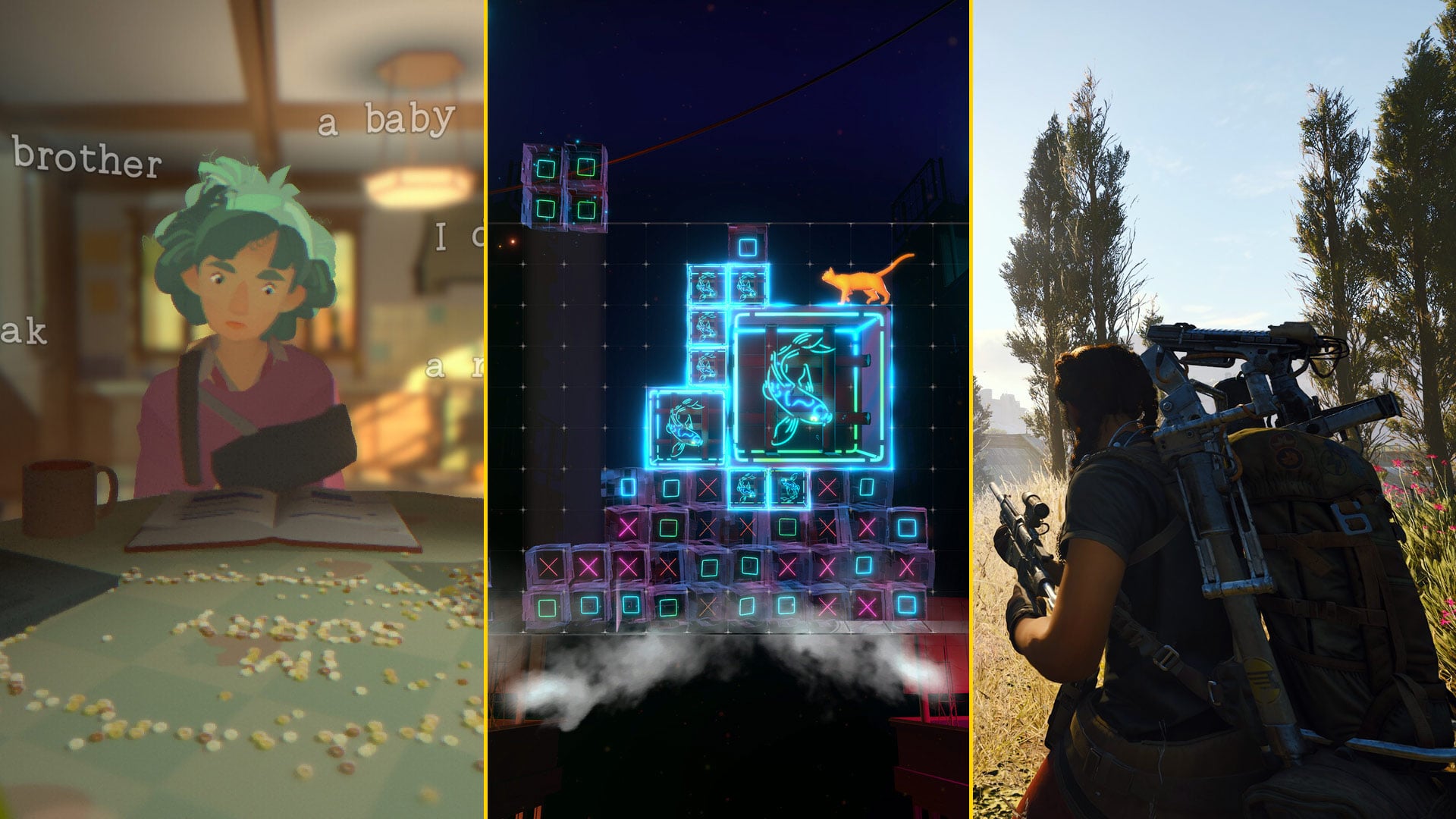 A human character's thoughts circle around their head, a cat stands on top of a colorful puzzle, and a player character crouches while wielding a sniper rifle.