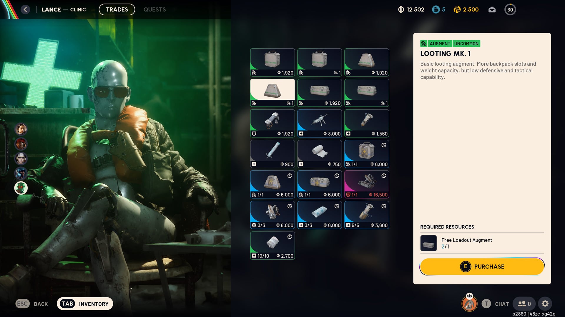 A player character buys a Looting augment.