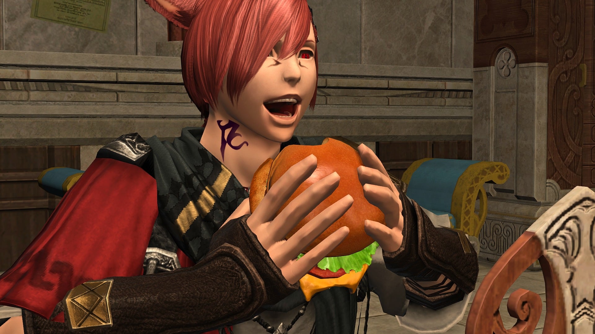 G'raha Tia eats a burger