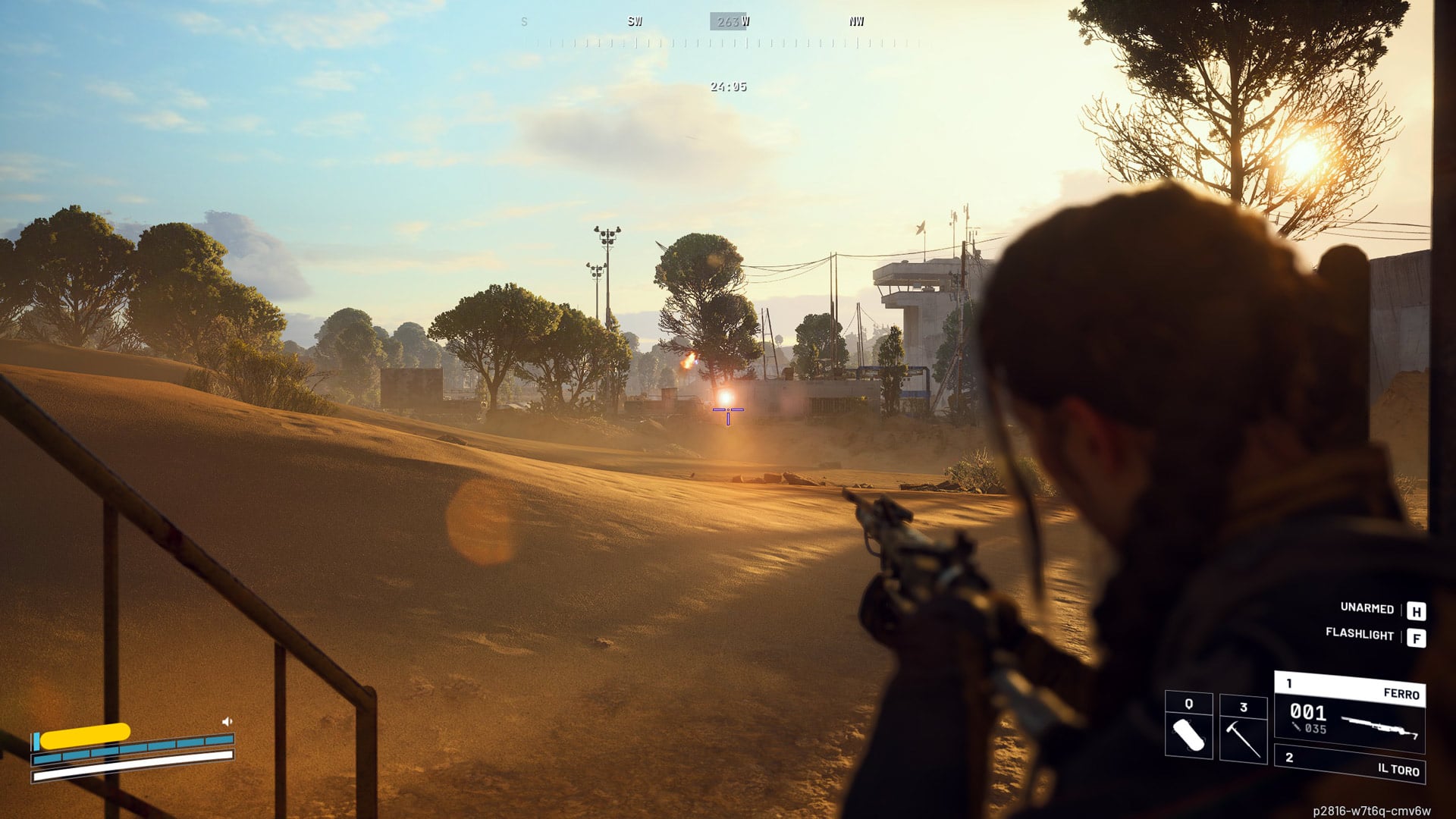 The player character shoots at something in the distance.