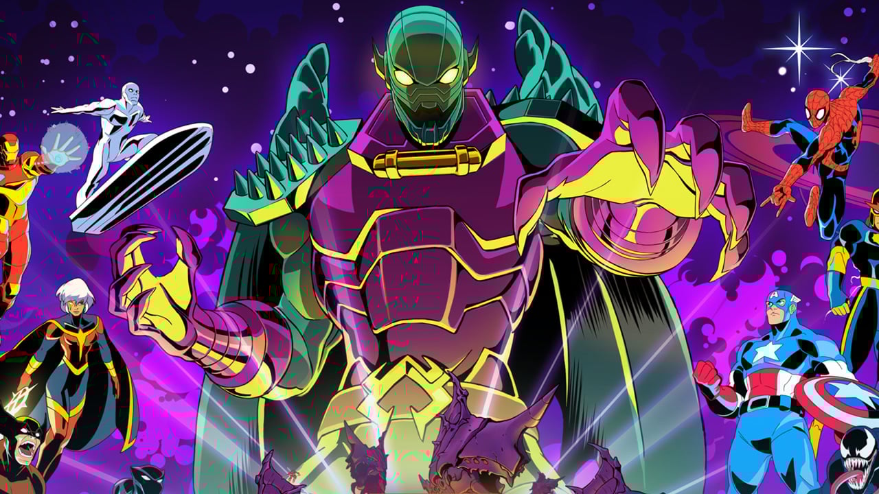 Marvel heroes fly toward a massive alien.