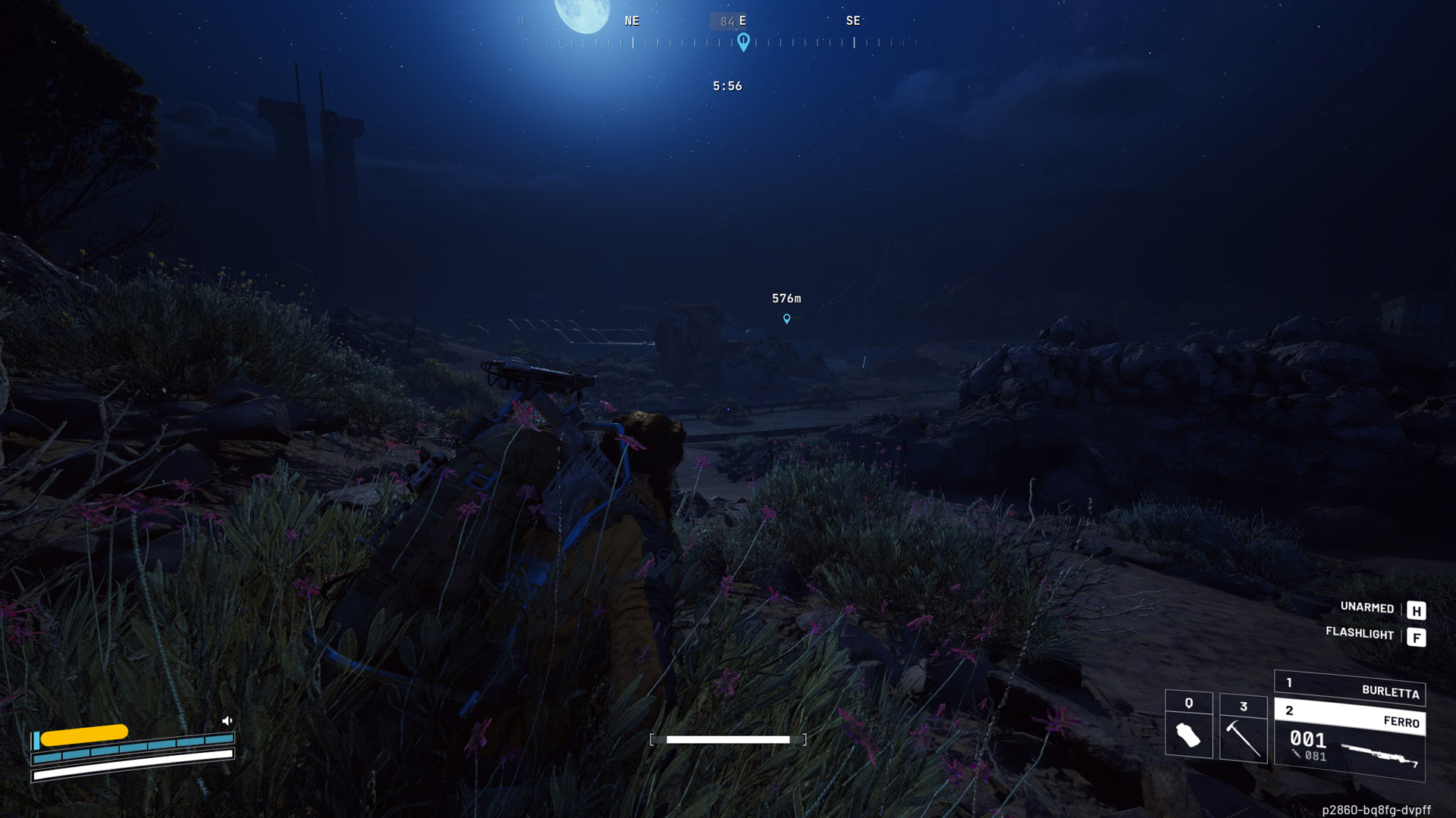 The player character looks out over the Spaceport at night.