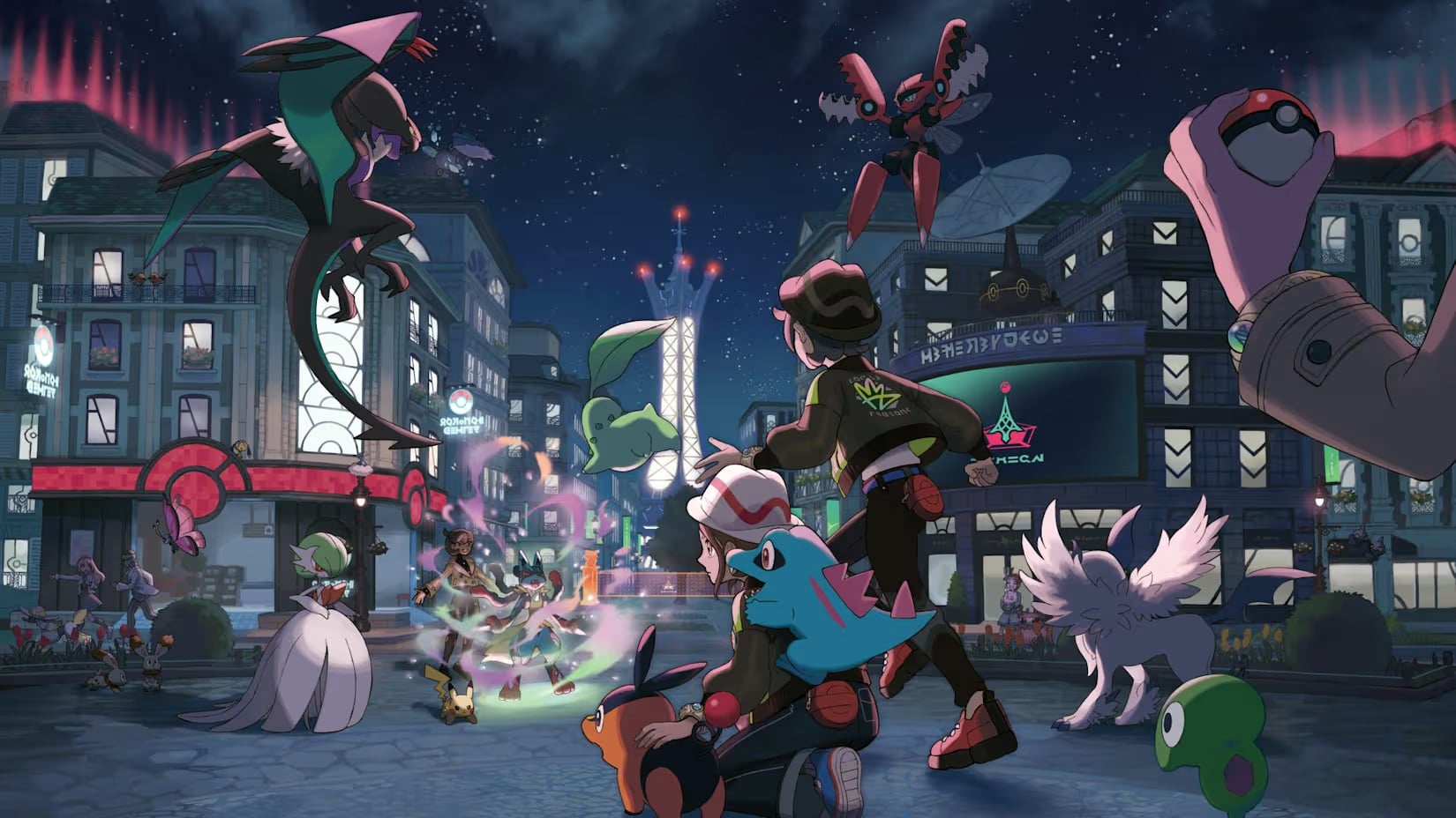 Pokemon and trainers fill up a street in a city.