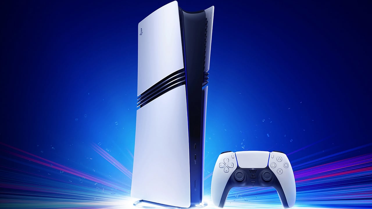 A PS5 and a DualSense sit against a colorful gradient.
