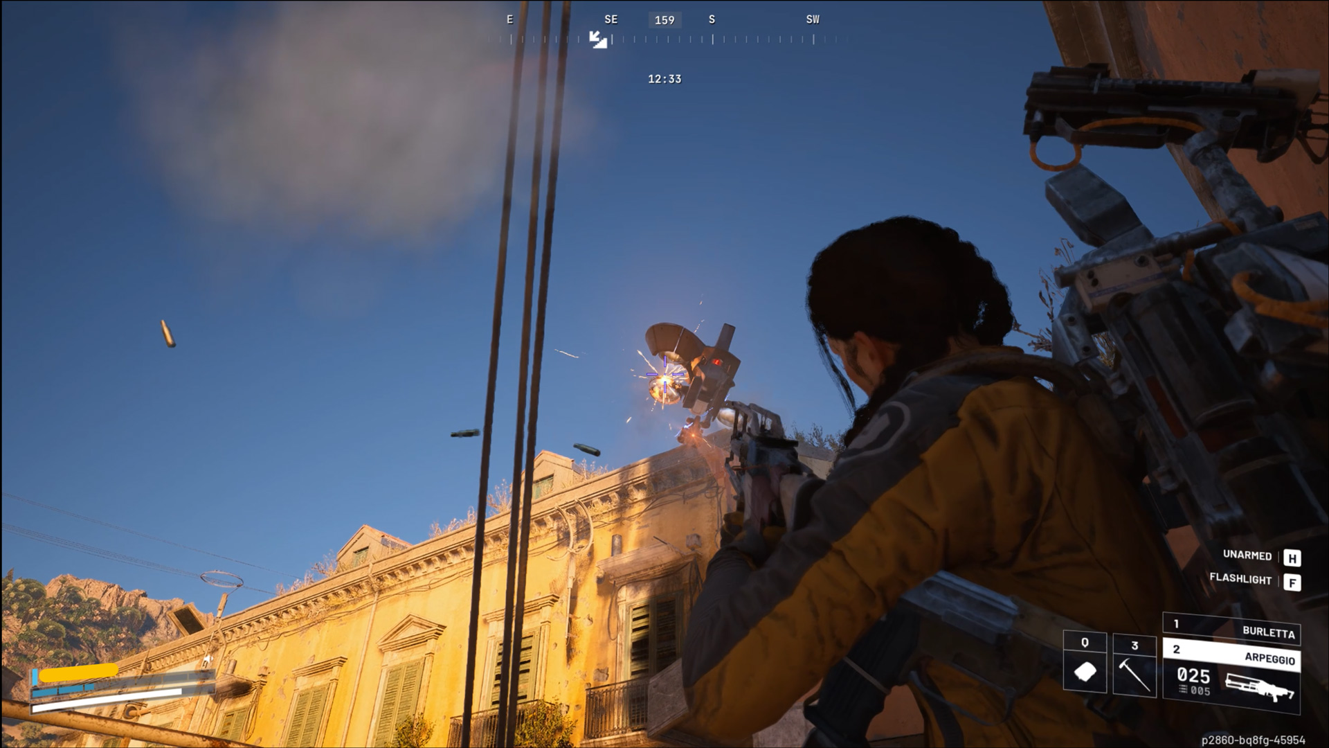 A player character shoots down an Arc drone.