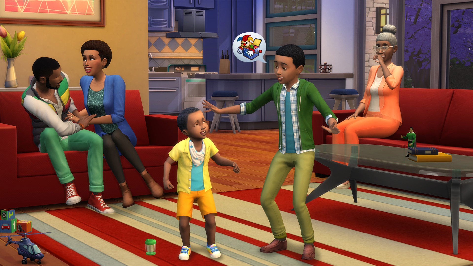 A family in The Sims 4 plays in a living room together.