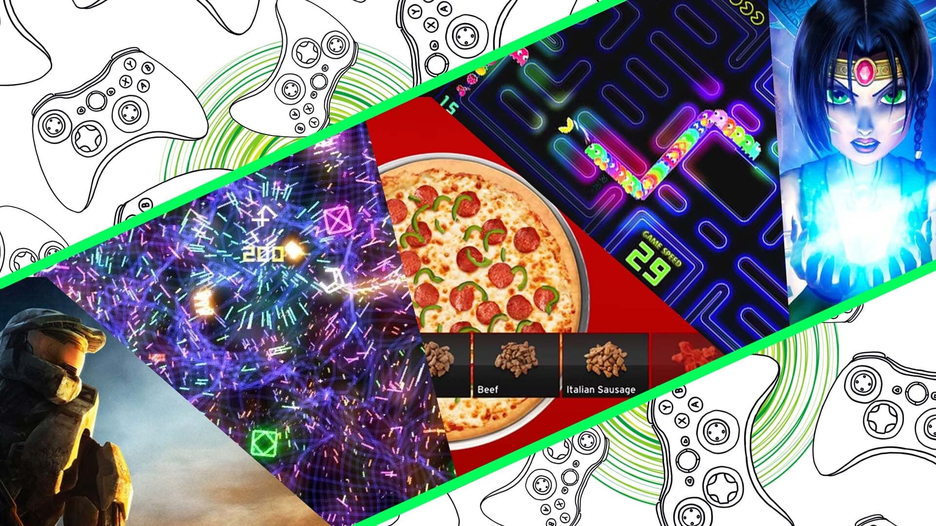 Art shows Xbox 360 controllers and screenshots of games.