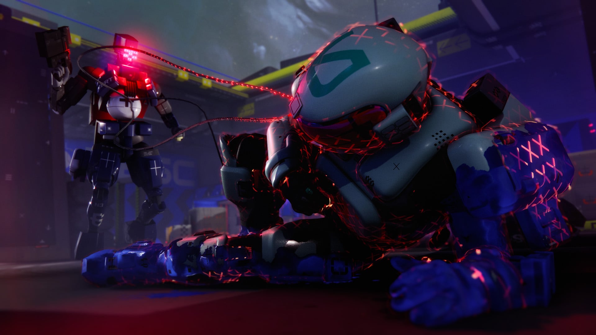 A downed runner faces an enemy robot.
