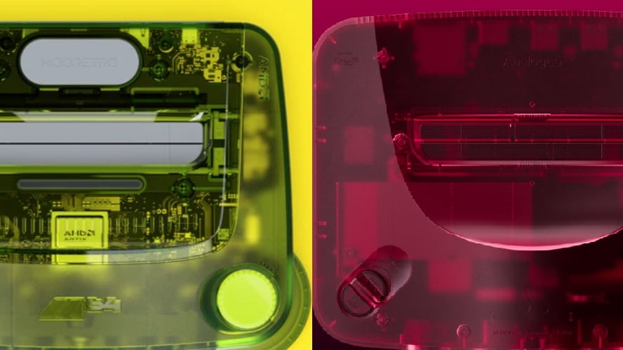 A green M64 and pink Analogue 3D are displayed alongside one another.