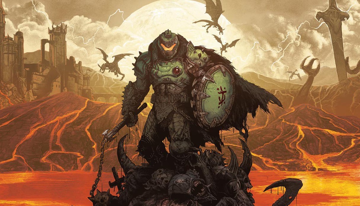 Doom Slayer appears a top a pile of capitalists bones.