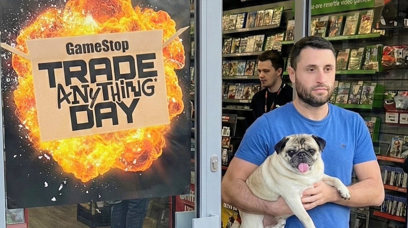 A man carries a Pug out of GameStop.