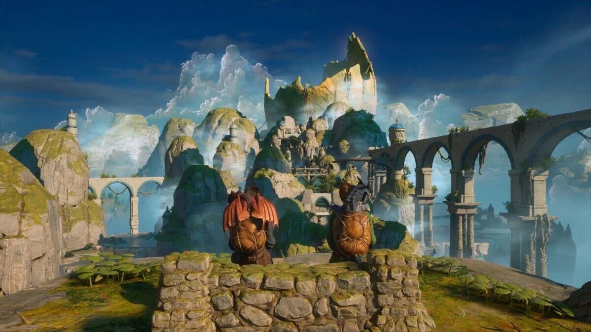 Two girls sit on a bench looking out at the sky.