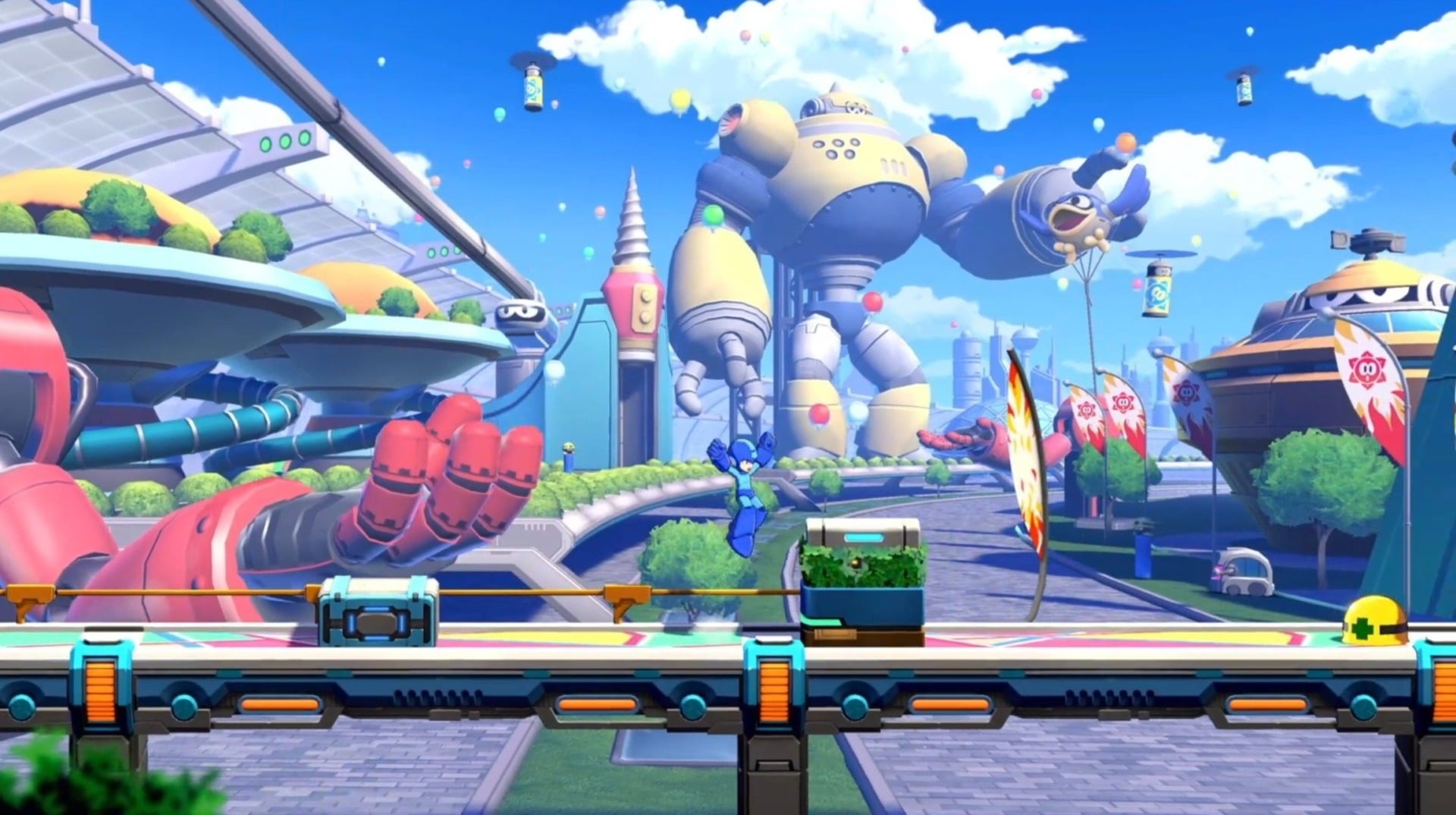 Mega Man runs through a city.