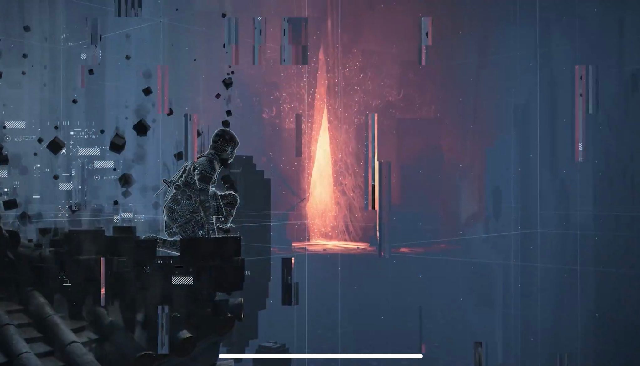 A digital realm shows glowing objects and cryptic shadows.