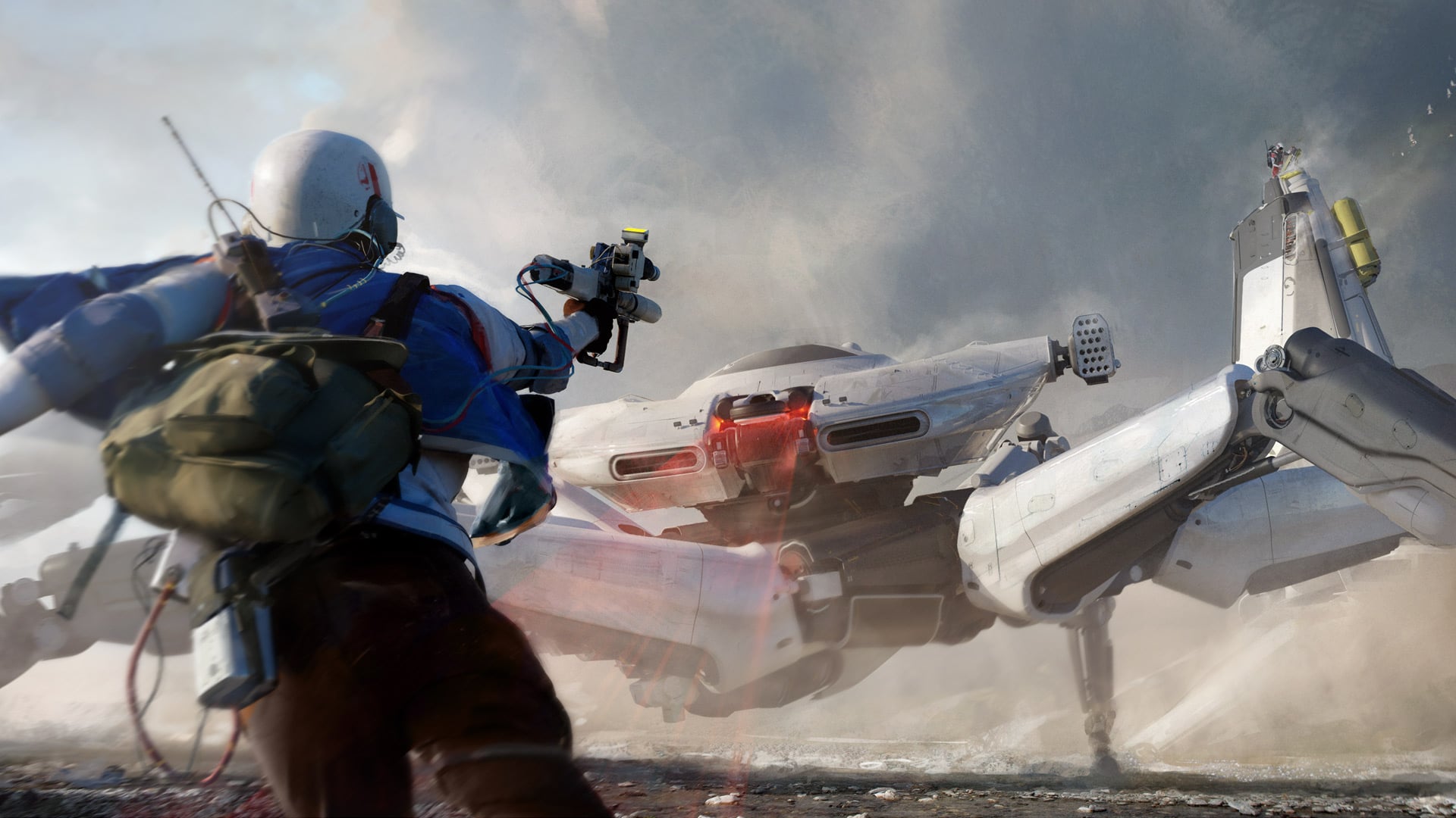 A Raider aims a gun at a massive robot in conceptual art.