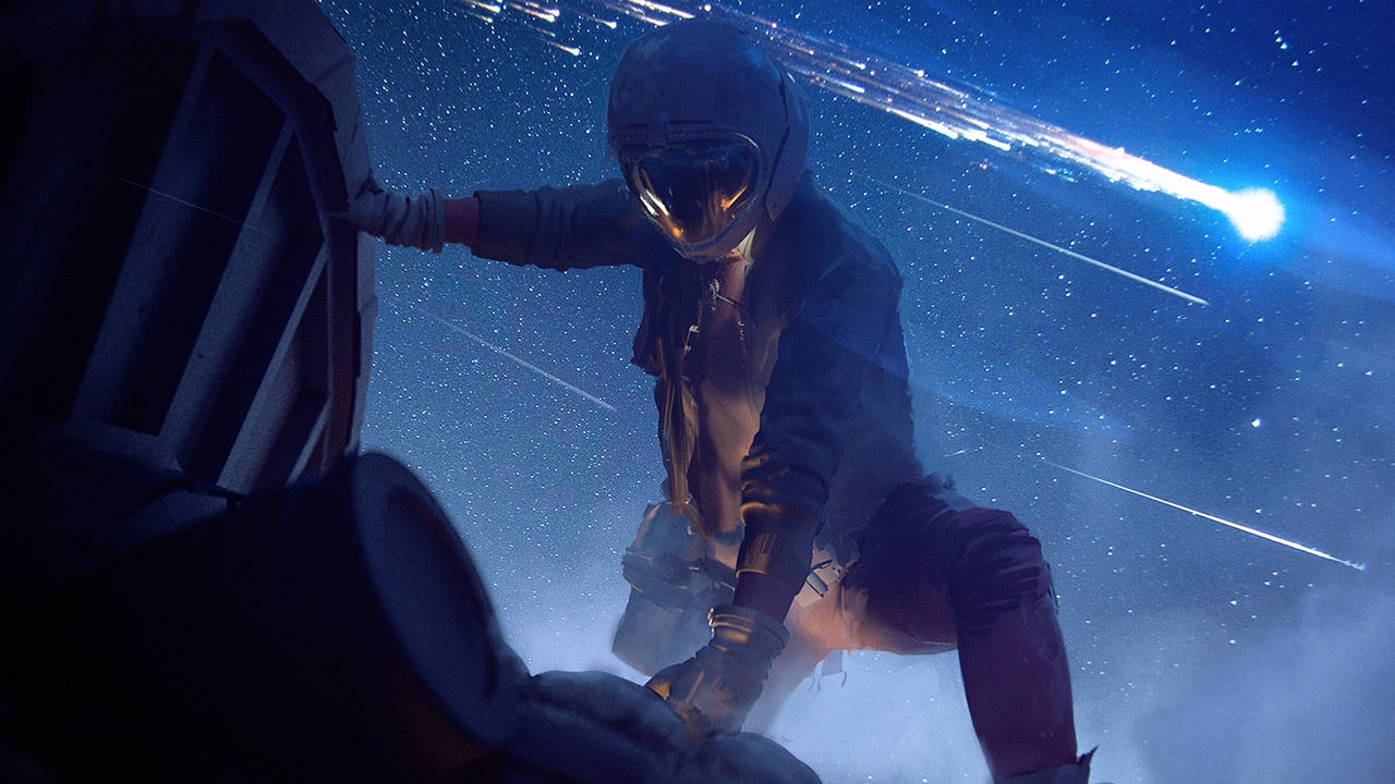 Concept art shows a Raider looting some wreckage.