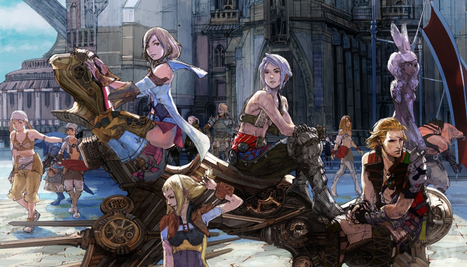 Fantasy characters look off at an airship.