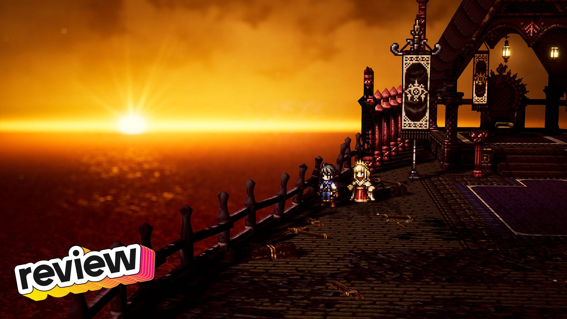 Pixel art spirts look at a sunset.