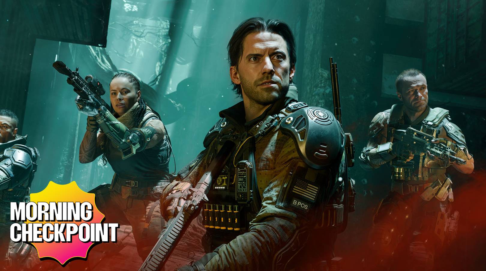 Black Ops agents are surrounded by red smoke.