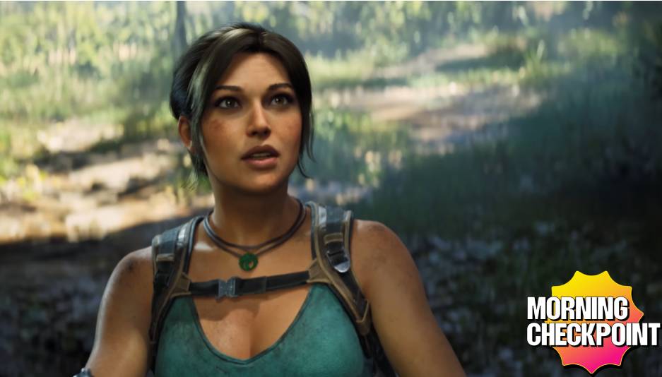 Lara looks up at a dinosaur.