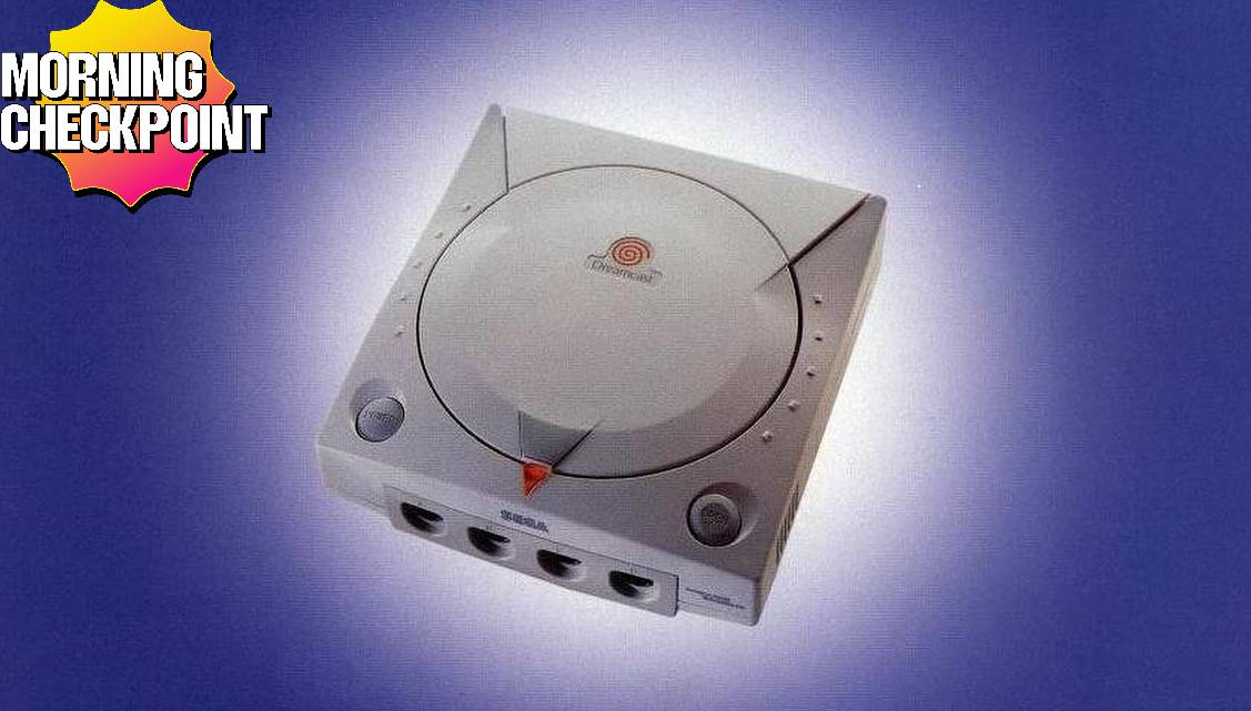 A Dreamcast is surrounded by blue.