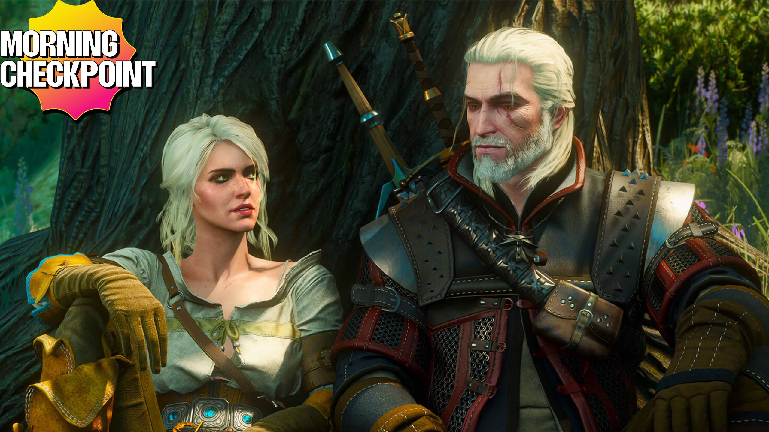Geralt and Ciri sit under a tree.