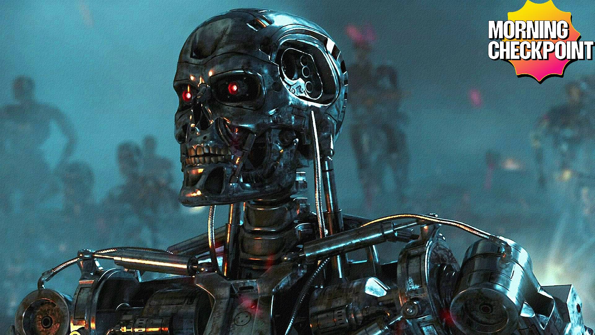A Terminator walks across the battlefield.