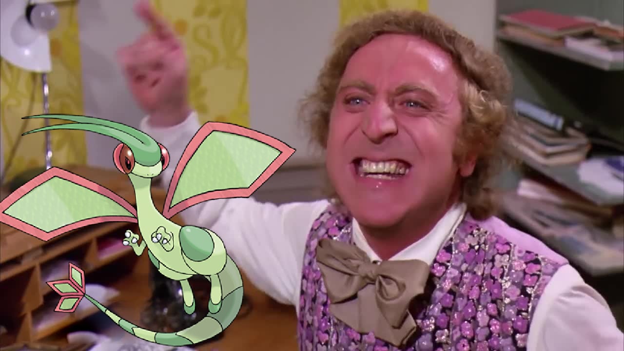 Willy Wonka telling Flygon he gets nothing