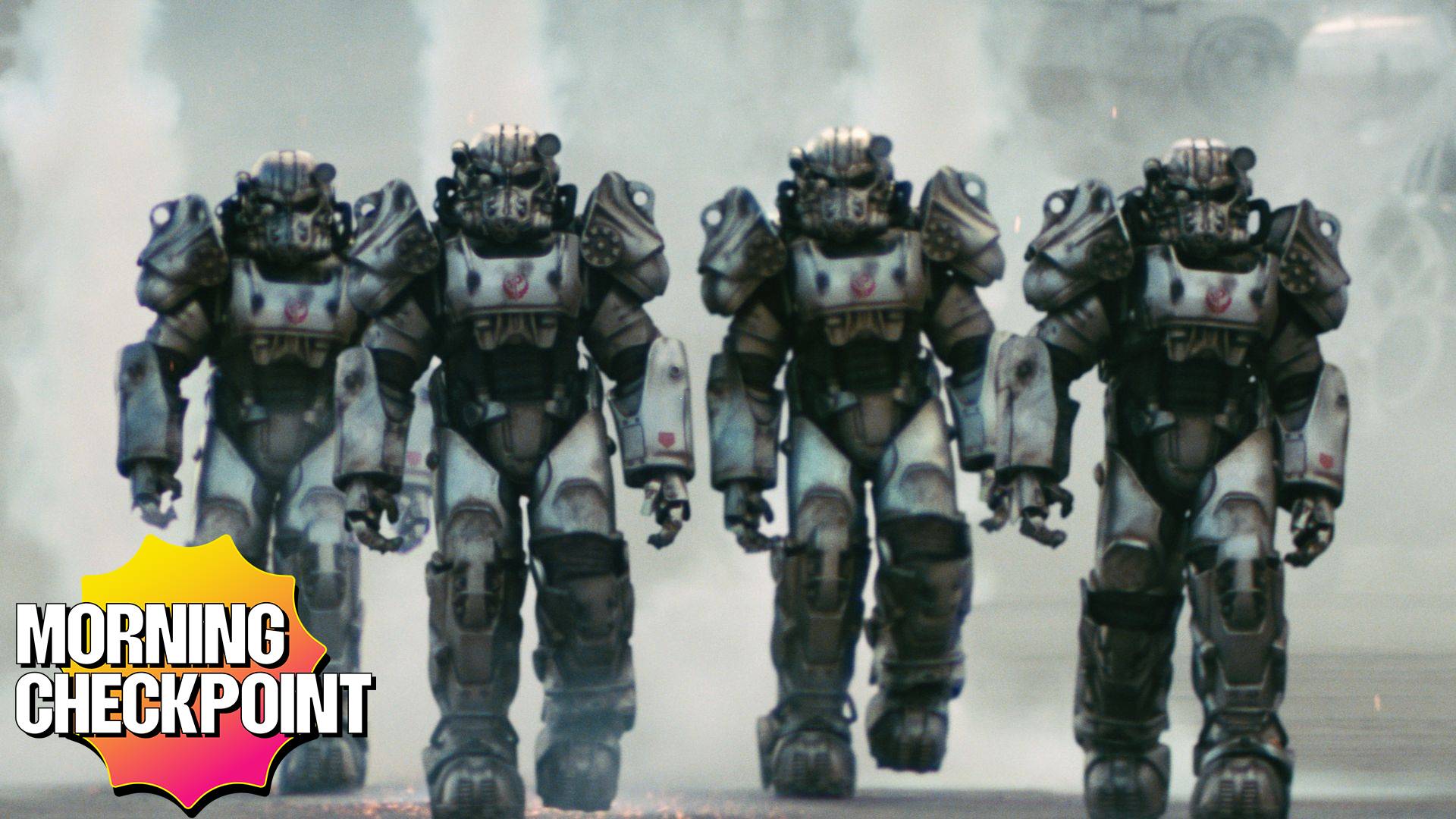 The Brotherhood of Steel walks in the distance.