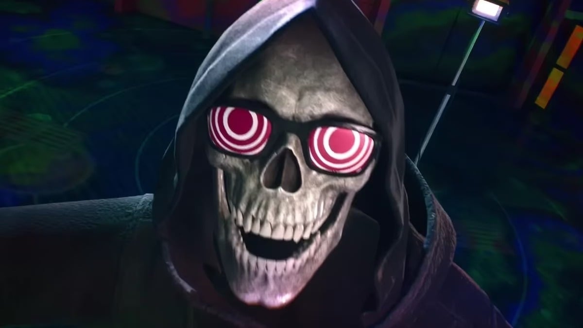 A skeleton laughs while wearing sunglasses.