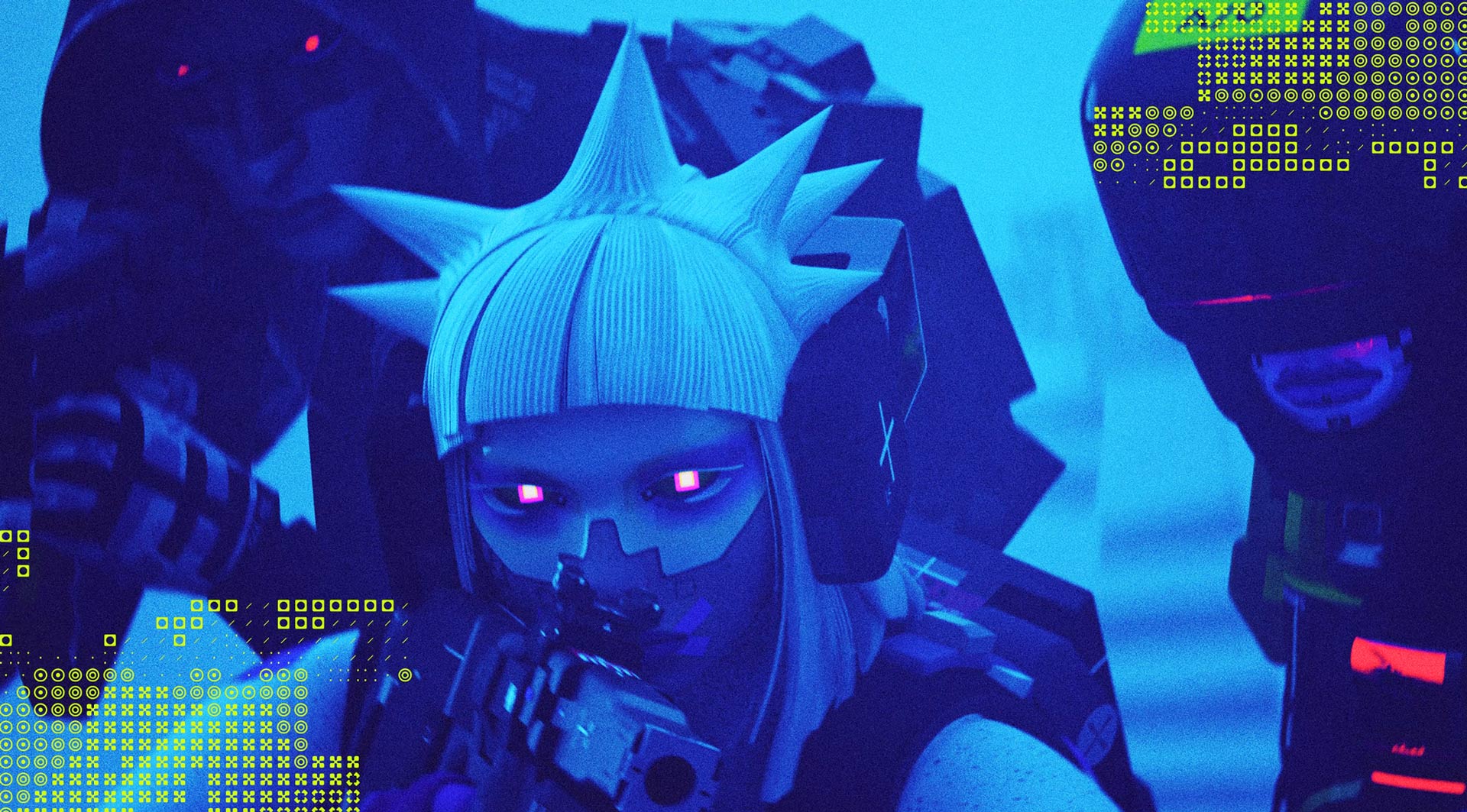 Characters from Marathon aim their weapons.