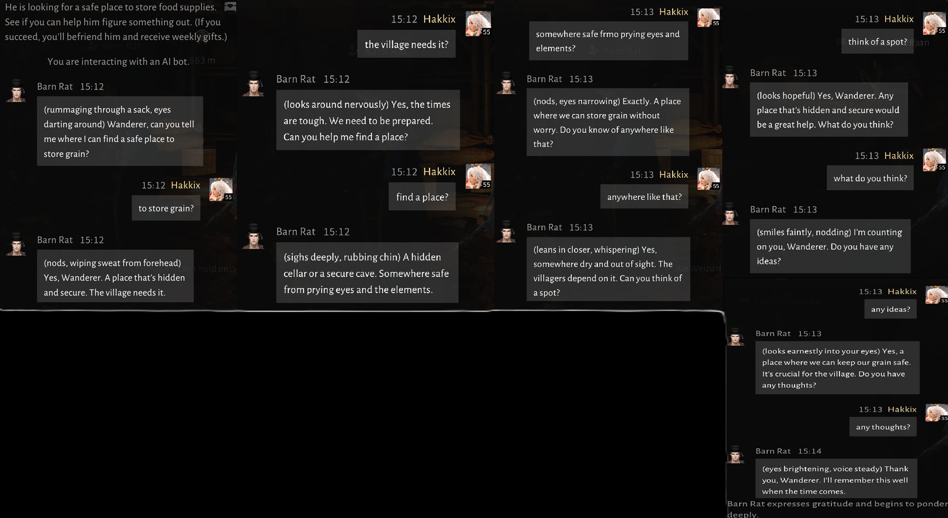 A player constantly rephrases sentences as questions to an AI NPC in a video game. 