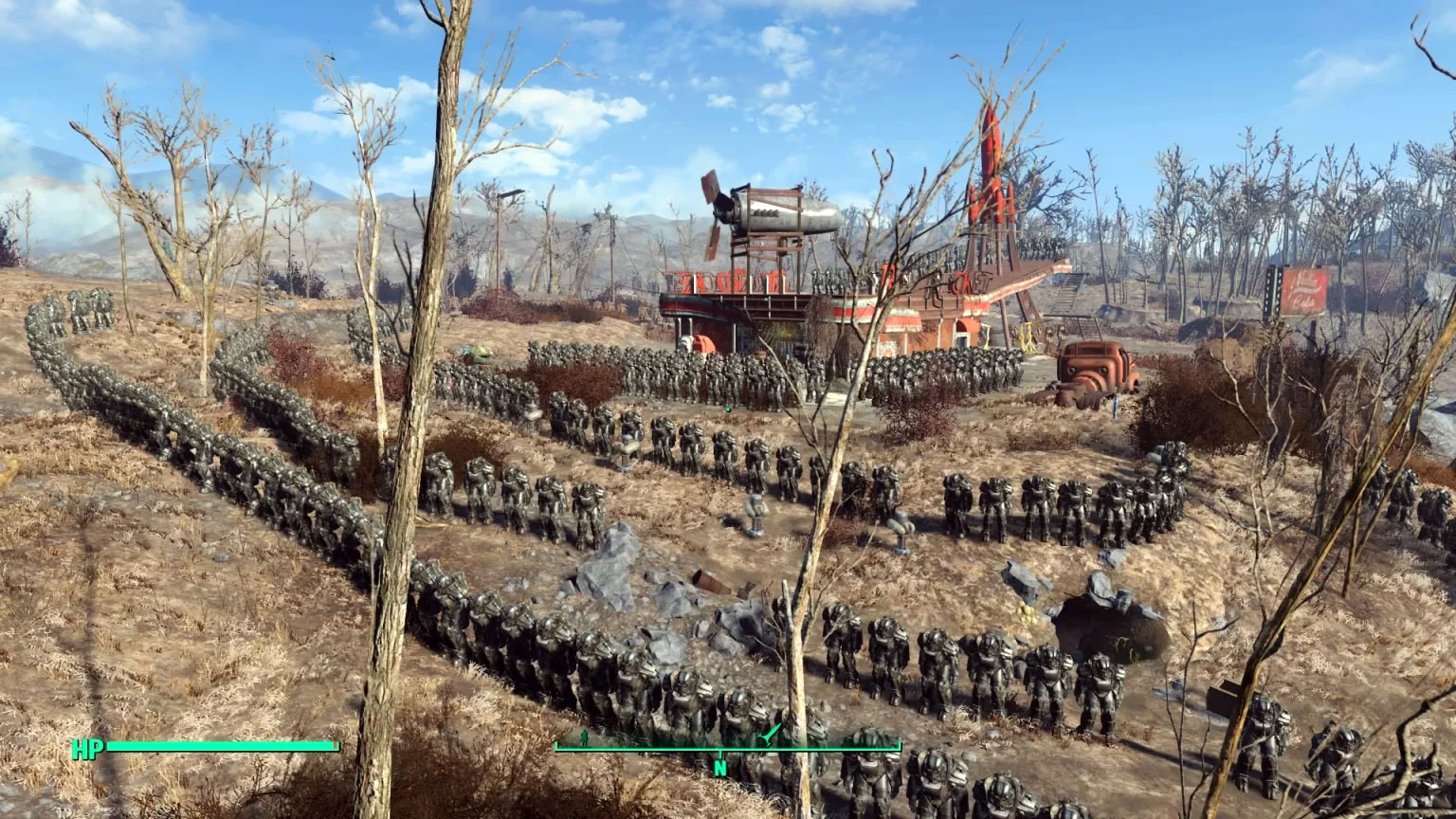 Power Armor suits surround a gas station.