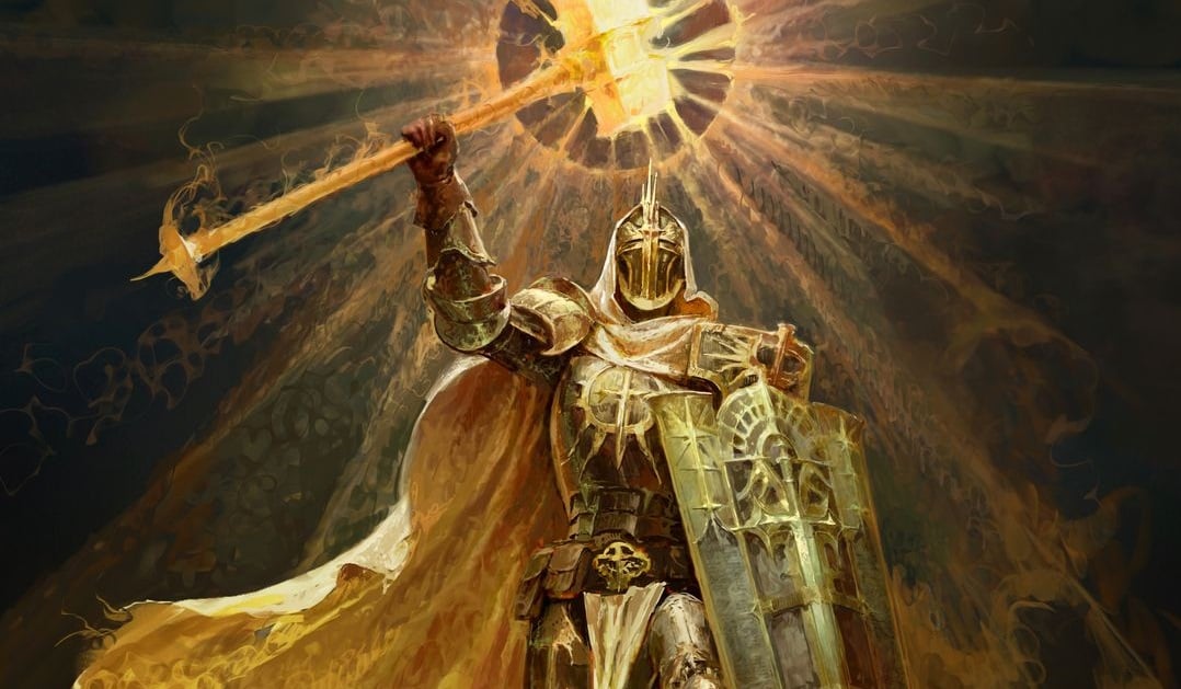 A Paladin holds up a gold hammer.